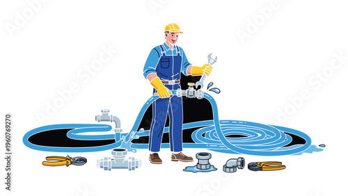 Plumber at Work: A skilled plumber diligently repairs a water system, holding a wrench. Showcasing the expertise and precision.