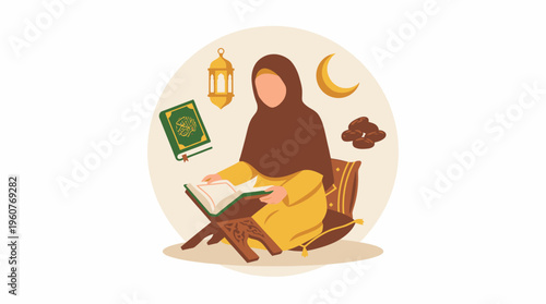 Muslim woman in hijab reading the Holy Quran with Islamic symbols like a lantern, crescent moon, and dates, representing devotion and study.