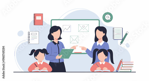 Female teachers instructing young schoolgirls in a classroom setting.