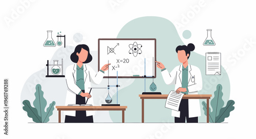 Female scientists conduct laboratory experiments and research in a science lab.