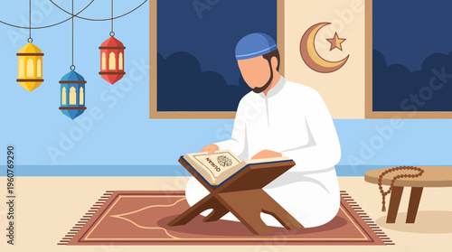 Muslim man in traditional attire sitting on a prayer mat, reading the Holy Quran from a wooden stand with lanterns and Islamic symbols in the background.