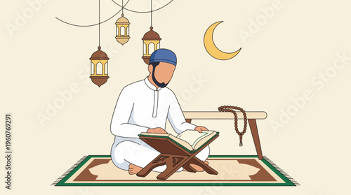 A Muslim man in traditional attire sitting on a prayer mat, reading the Quran from a wooden stand, with lanterns and a crescent moon in the background, symbolizing Islamic devotion.