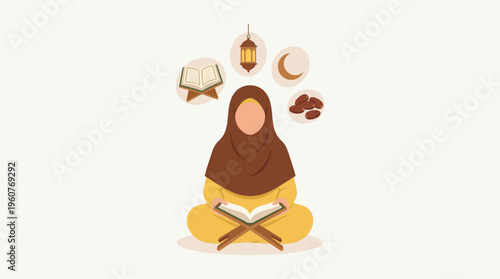 A Muslim woman in hijab reading the Quran on a rehal, surrounded by Islamic symbols like a crescent moon, dates, and a lantern, representing devotion and spirituality.