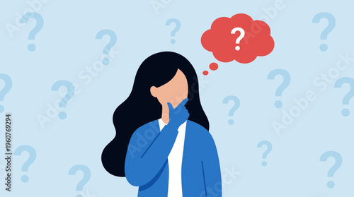 An illustration of a thoughtful woman with a question mark in a red thought bubble, surrounded by many faint question marks, symbolizing confusion or inquiry.