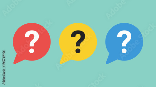 Three colorful speech bubbles with question marks on a light blue background, representing queries, uncertainty, or frequently asked questions.