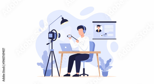 Male blogger recording video with camera and ring light.