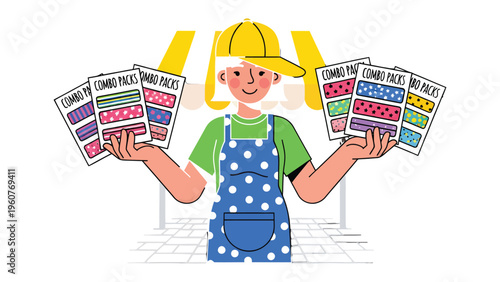 Combo Packs for Sale: A friendly vendor showcases a colorful array of combo packs, perfect for any occasion. A cheerful scene of commerce and consumer choice, captured with vibrant illustrations.