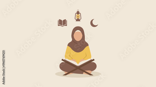 Muslim woman in hijab reading the Quran with Islamic symbols like a lantern and crescent moon, representing Ramadan and religious study.