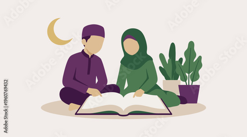 Two Muslim children, a boy and a girl, sitting together and reading a large holy book, with a crescent moon and plants in the background.