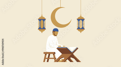 A Muslim man reading the Quran under a crescent moon and lanterns, symbolizing Islamic devotion and Ramadan.