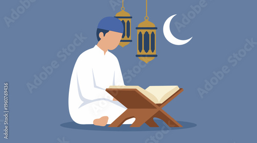 A Muslim man in traditional attire reading the Quran on a rehal with lanterns and a crescent moon in the background, symbolizing Islamic devotion and spirituality.