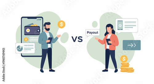 Man and woman comparing digital wallet and payout options.