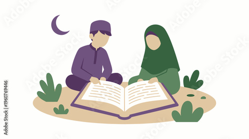 Illustration of a Muslim boy and girl sitting together, reading a large holy book under a crescent moon, surrounded by plants.