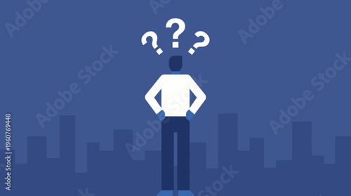 A minimalist illustration of a person standing with hands on hips, looking confused or thoughtful, with question marks above their head against a blue cityscape background.