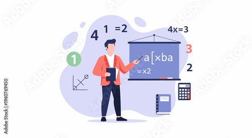Male Teacher Explaining Mathematics on Whiteboard in Classroom Setting.