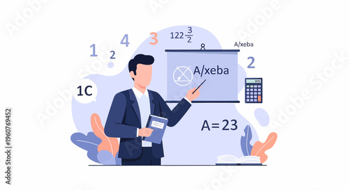 Male Teacher Explaining Mathematics on Whiteboard in Classroom Setting.