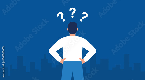 A person from behind with question marks above their head, symbolizing confusion or uncertainty against a blue background.