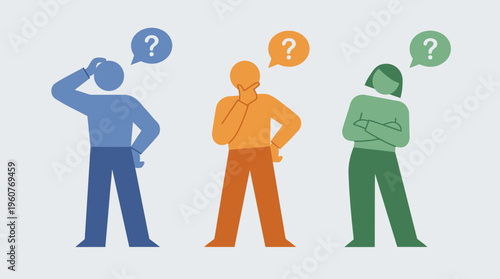 Three stylized people in blue, orange, and green, each with a question mark thought bubble, representing confusion, doubt, or problem-solving.