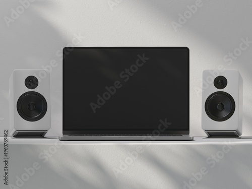 Silver Laptop Display Screen Mockup with white speakers