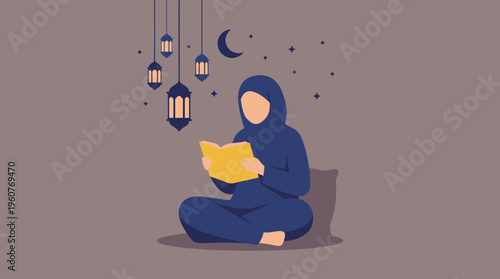Muslim woman in hijab reading a book under lanterns and a crescent moon during Ramadan.