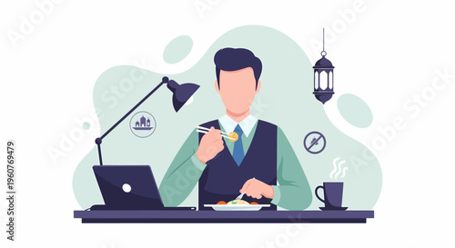 Man eating lunch at his desk with laptop and lamp.