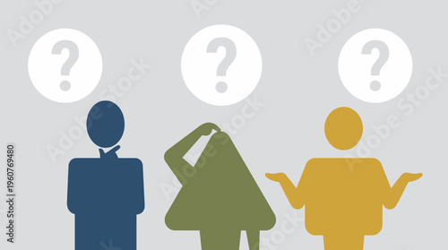 Three stylized human figures with question marks above their heads, representing confusion, thought, and uncertainty.