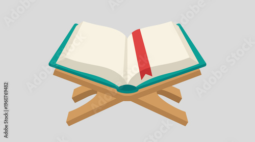 An open holy book with a red bookmark resting on a traditional wooden rehal or book stand.