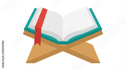 An open book with a red bookmark resting on a traditional wooden book stand, often used for religious texts like the Quran.