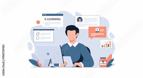 Man Engaged in Online E-Learning and Distant Education Concept.