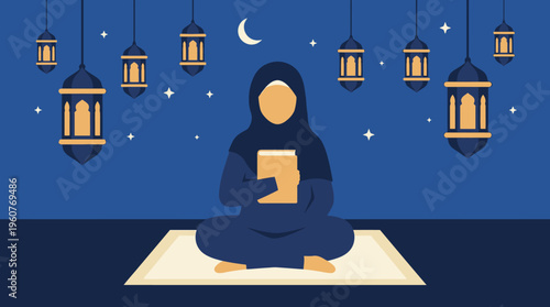 A Muslim woman in a hijab sits on a prayer mat, reading a holy book under a starry night sky with a crescent moon and hanging lanterns.