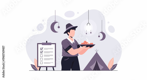 Man holding a tray of food with a hat on his head.