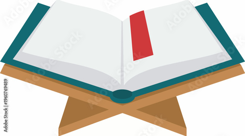 An open book with a red bookmark resting on a traditional wooden book stand, often used for religious texts or sacred scriptures.