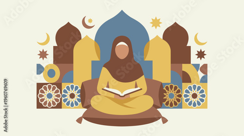 A woman in a hijab sits on cushions, reading a book, surrounded by stylized Islamic architecture and geometric patterns in a warm color palette.