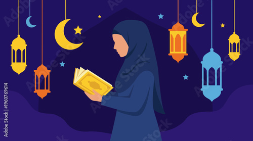 A Muslim woman in a hijab reading the Quran under a night sky with crescent moons, stars, and hanging lanterns, symbolizing Islamic culture and religious observance.