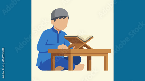 A young Muslim boy in traditional attire sitting on the floor and reading the Holy Quran from a wooden rehal on a small table.