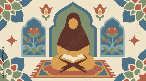 Illustration of a Muslim woman in hijab reading the Quran on a prayer mat with Islamic patterns and motifs.