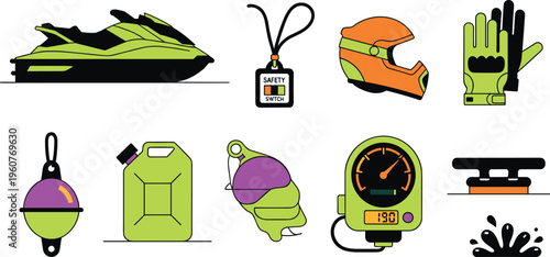 Jet ski and personal watercraft extreme sports equipment icon set