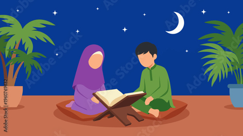 Two Muslim individuals, a woman and a boy, reading the Quran together at night under a crescent moon, surrounded by potted plants.
