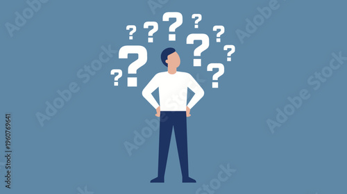 A man stands contemplating with many question marks floating around his head, symbolizing confusion or inquiry on a blue background.