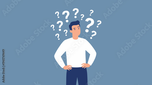 A man looking thoughtful or confused with question marks floating above his head on a blue background.