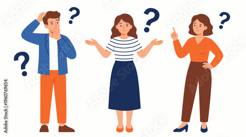 Three diverse individuals, a man and two women, surrounded by question marks, illustrating confusion, uncertainty, and the process of thinking or problem-solving.
