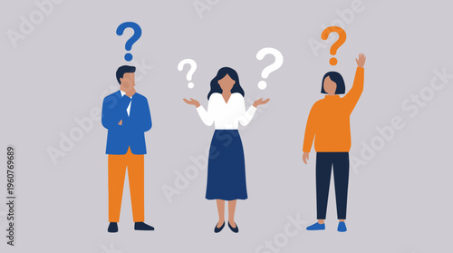 Three diverse people with question marks above their heads, illustrating concepts of uncertainty, inquiry, problem-solving, and seeking answers.