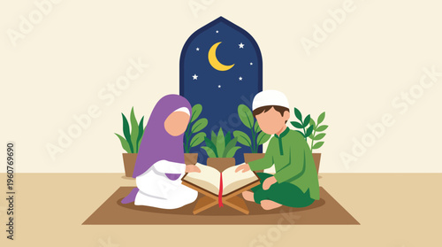 Two Muslim children, a boy and a girl, sitting on a prayer mat reading the Quran from a rehal at night, surrounded by plants, depicting Islamic education and devotion.