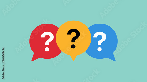 Three colorful speech bubbles with question marks on a teal background, representing inquiry and communication.