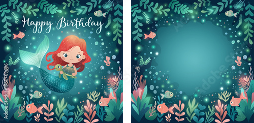 Cute mermaid birthday card template with underwater scene, fish, plants and glowing lights. design with text and copy space. Perfect for kids party invitations, greeting cards and prints