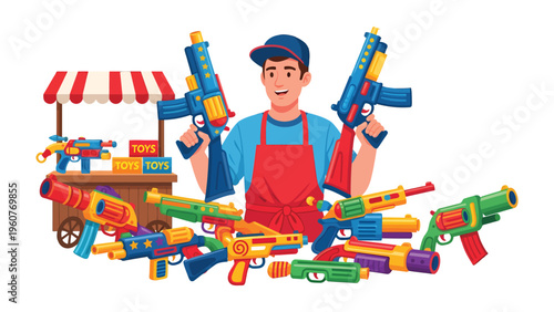 Toy Seller's Colorful Arsenal: A cheerful seller proudly presents an array of vibrant toy guns, highlighting fun and playfulness.