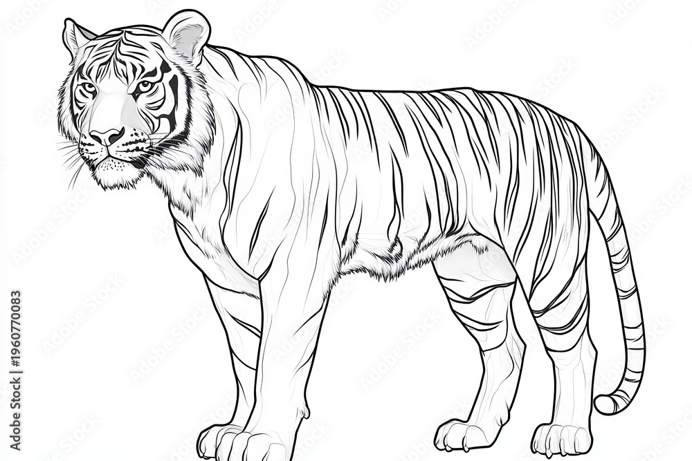 Obraz premium Intricate Black and White Line Drawing of a Fierce Tiger, Capturing Its Strength and Majesty