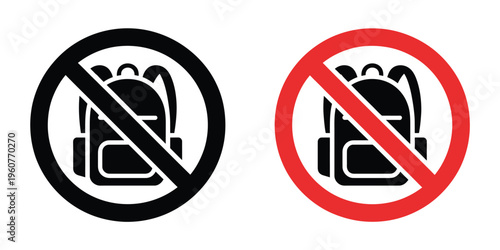 No backpacks warning sign illustration, black prohibition icon for safety restriction in schools, offices, and public areas.