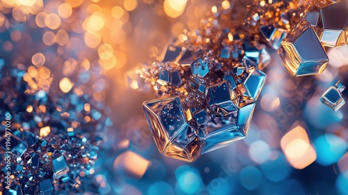 Extreme macro illustration of copper peptide crystals GHK-Cu, iridescent copper and blue tones, microscopic world, stunning bokeh background