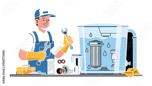 Water Filter Service: A skilled technician, equipped with tools, diligently services a water filter, ensuring pristine water quality. An illustration emphasizing maintenance and purification